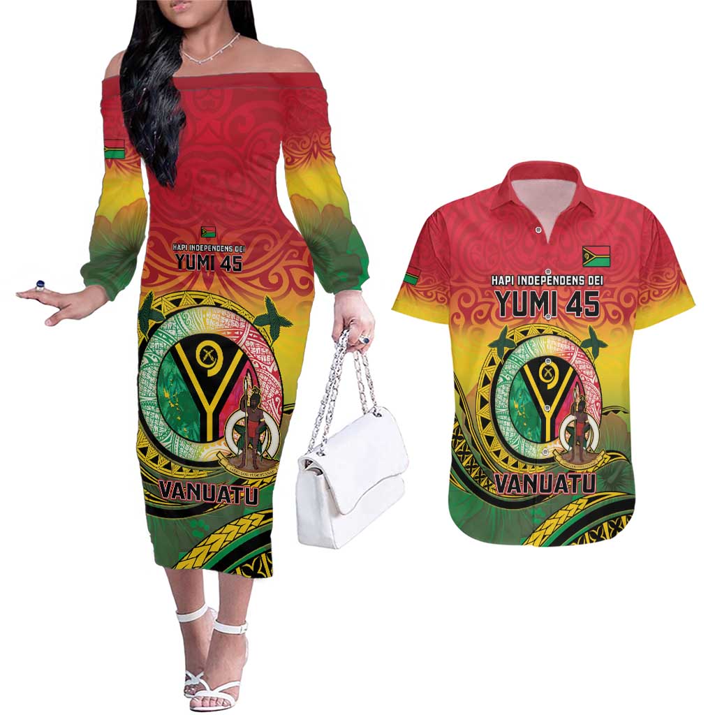 Personalised Vanuatu Couples Matching Off The Shoulder Long Sleeve Dress and Hawaiian Shirt Yumi 45th Hapi Independens Dei - Reggae Version LT14