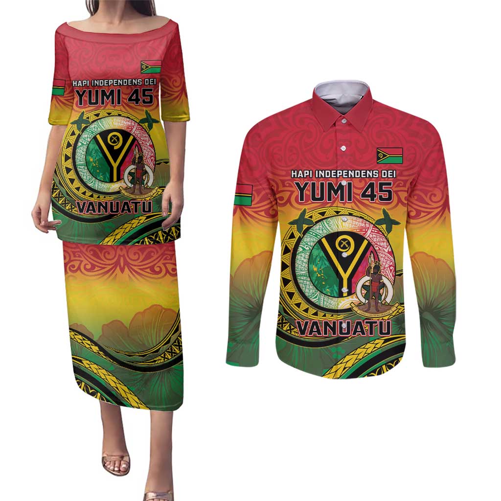 Personalised Vanuatu Couples Matching Puletasi and Long Sleeve Button Shirt Yumi 45th Hapi Independens Dei - Reggae Version LT14