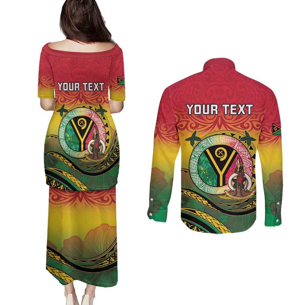 Personalised Vanuatu Couples Matching Puletasi and Long Sleeve Button Shirt Yumi 45th Hapi Independens Dei - Reggae Version LT14
