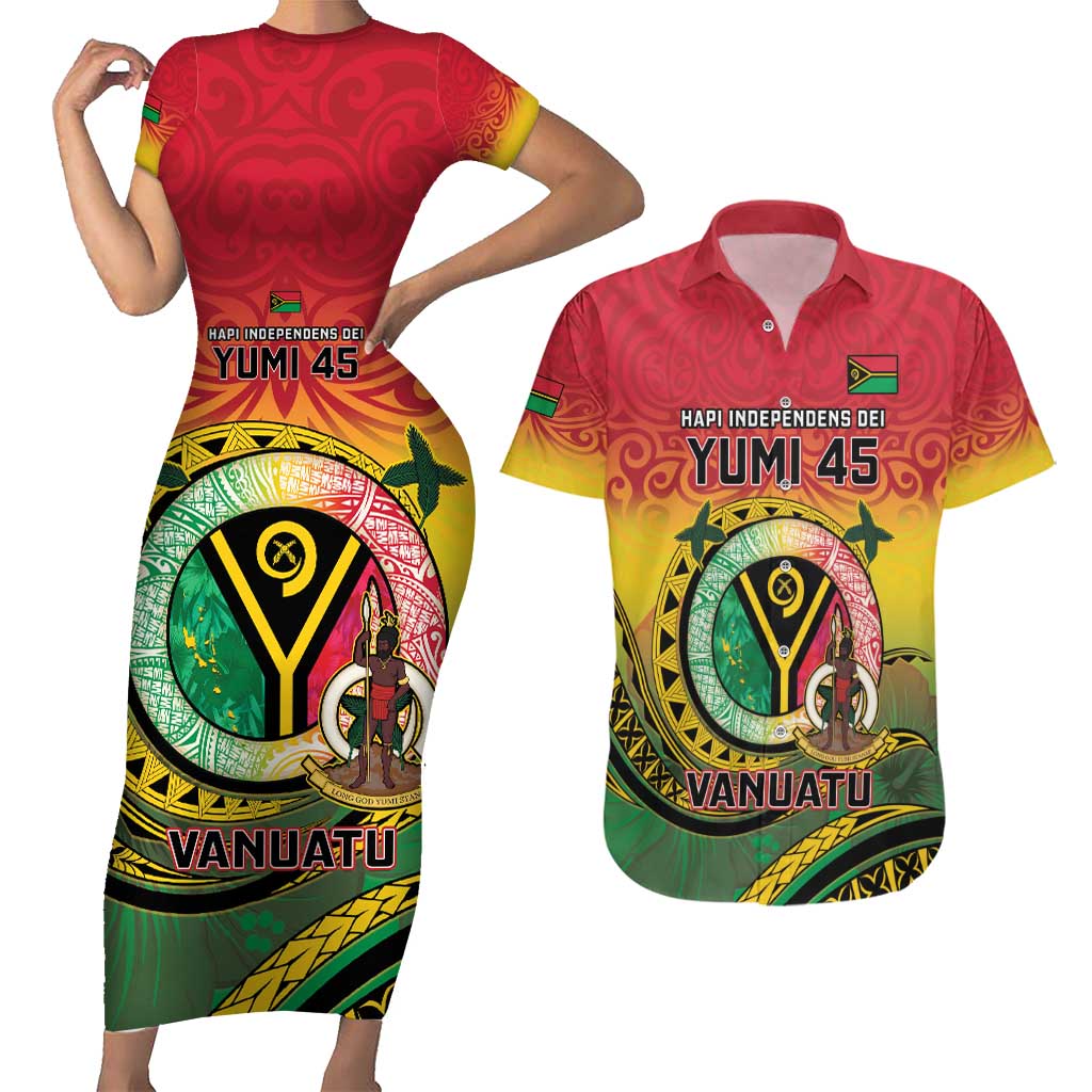 Personalised Vanuatu Couples Matching Short Sleeve Bodycon Dress and Hawaiian Shirt Yumi 45th Hapi Independens Dei - Reggae Version LT14