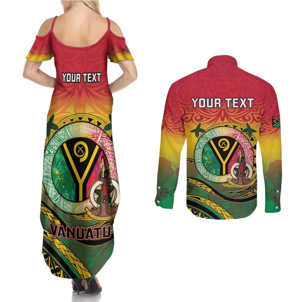 Personalised Vanuatu Couples Matching Summer Maxi Dress and Long Sleeve Button Shirt Yumi 45th Hapi Independens Dei - Reggae Version LT14