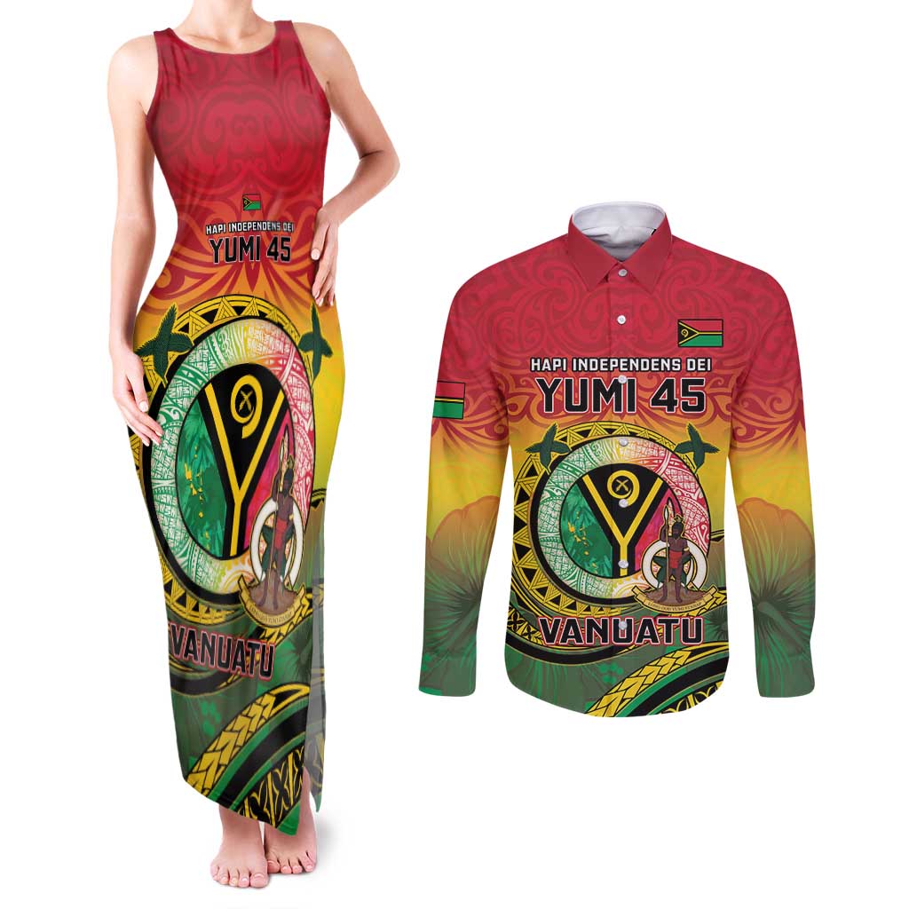 Personalised Vanuatu Couples Matching Tank Maxi Dress and Long Sleeve Button Shirt Yumi 45th Hapi Independens Dei - Reggae Version LT14