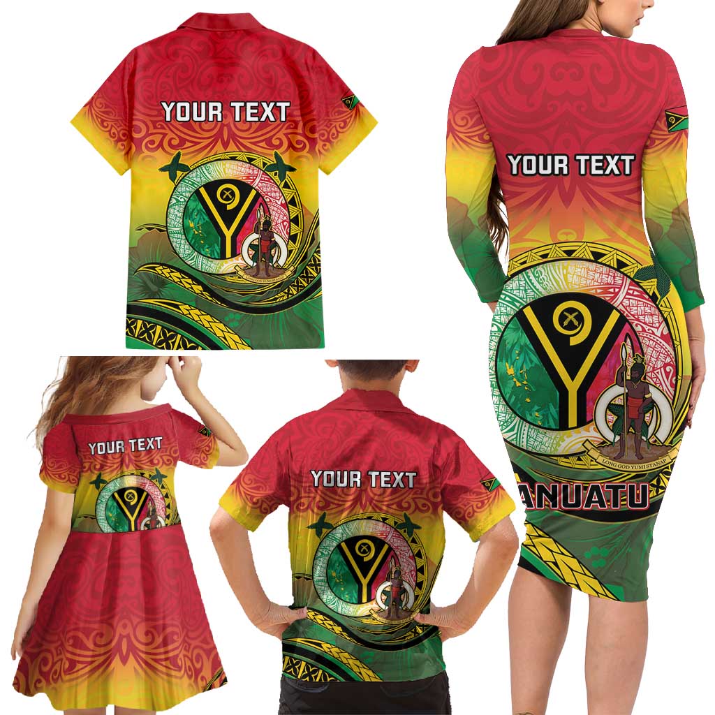 Personalised Vanuatu Family Matching Long Sleeve Bodycon Dress and Hawaiian Shirt Yumi 45th Hapi Independens Dei - Reggae Version LT14