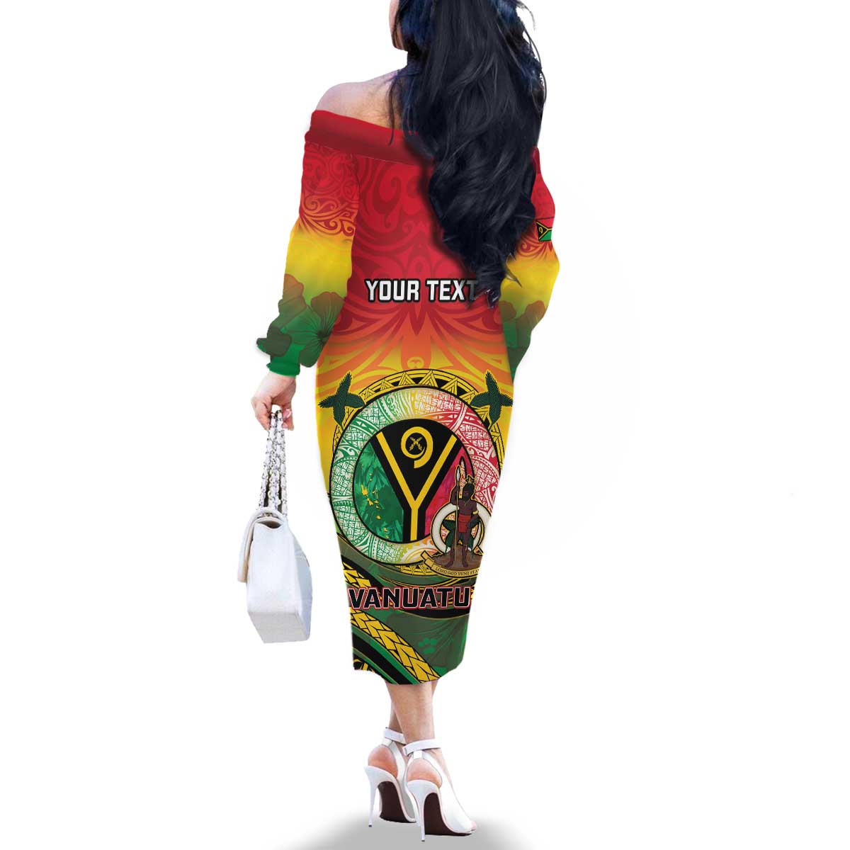 Personalised Vanuatu Family Matching Off The Shoulder Long Sleeve Dress and Hawaiian Shirt Yumi 45th Hapi Independens Dei - Reggae Version LT14