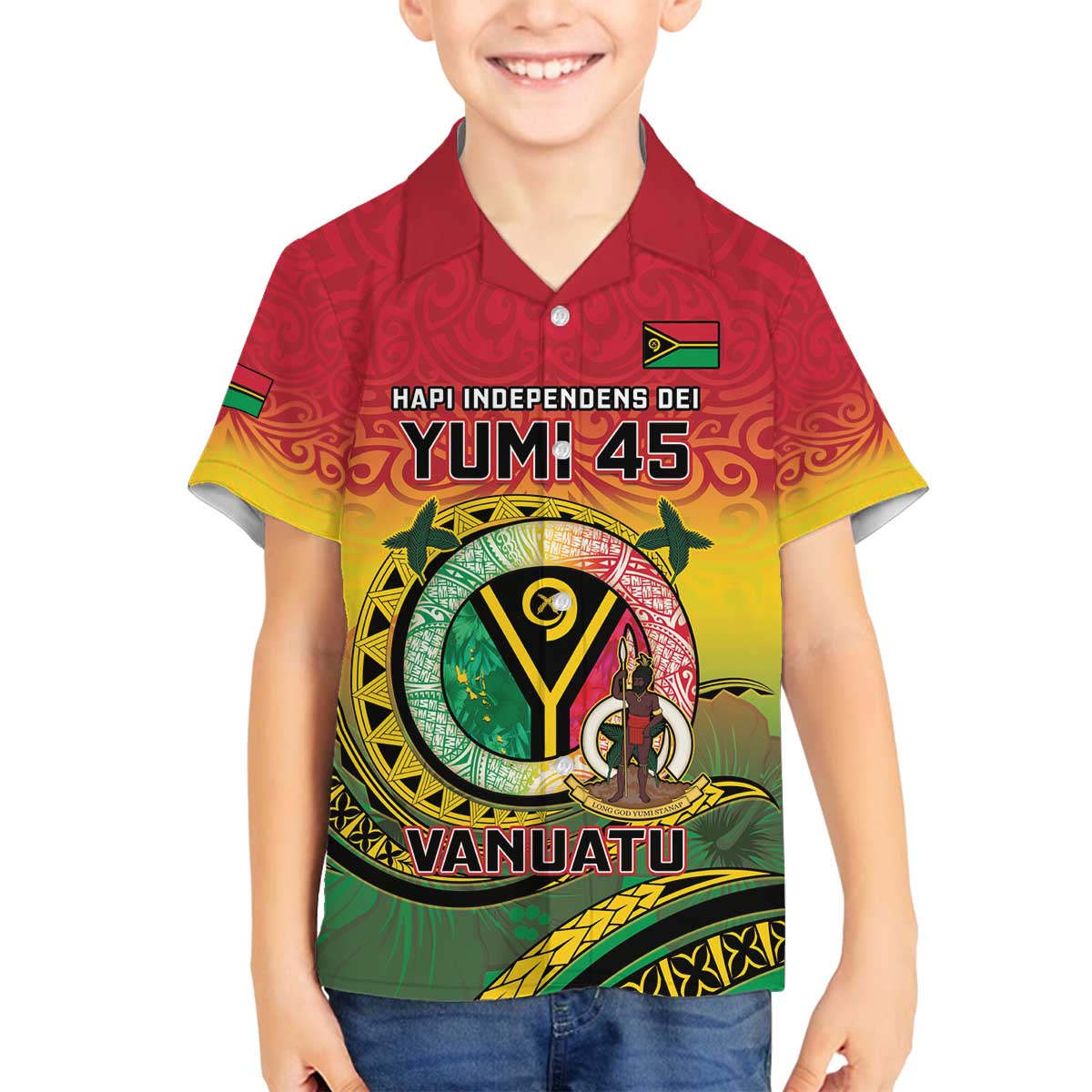 Personalised Vanuatu Family Matching Off The Shoulder Long Sleeve Dress and Hawaiian Shirt Yumi 45th Hapi Independens Dei - Reggae Version LT14