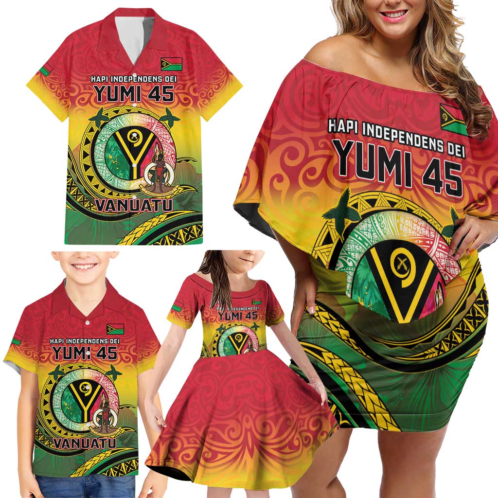 Personalised Vanuatu Family Matching Off Shoulder Short Dress and Hawaiian Shirt Yumi 45th Hapi Independens Dei - Reggae Version LT14