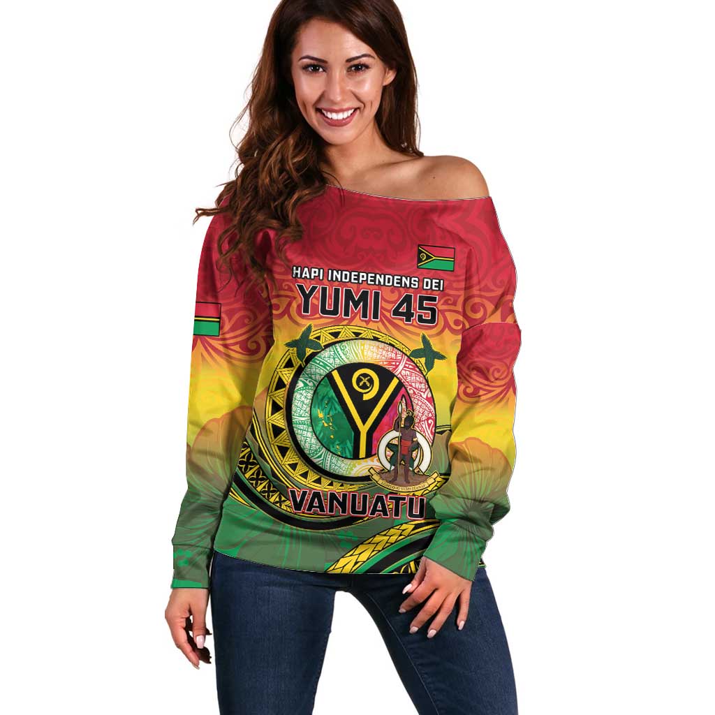 Personalised Vanuatu Off Shoulder Sweater Yumi 45th Hapi Independens Dei - Reggae Version LT14