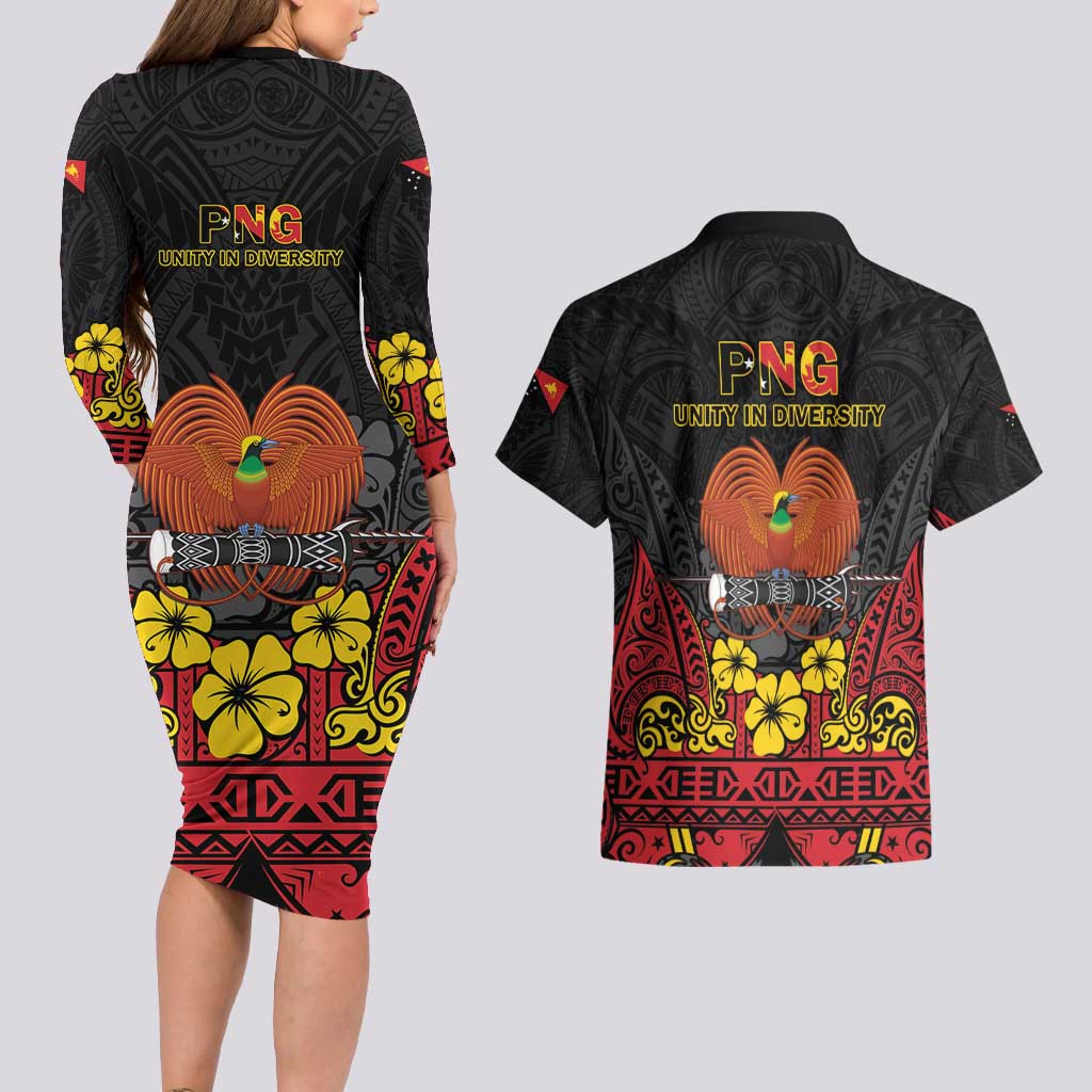 Papua New Guinea Independence Day Couples Matching Long Sleeve Bodycon Dress and Hawaiian Shirt PNG Bird of Paradise 50th Anniversary LT14 - Polynesian Pride