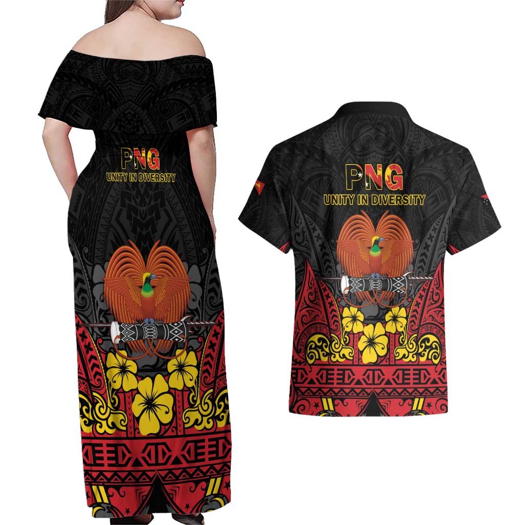 Papua New Guinea Independence Day Couples Matching Off Shoulder Maxi Dress and Hawaiian Shirt PNG Bird of Paradise 50th Anniversary LT14 - Polynesian Pride