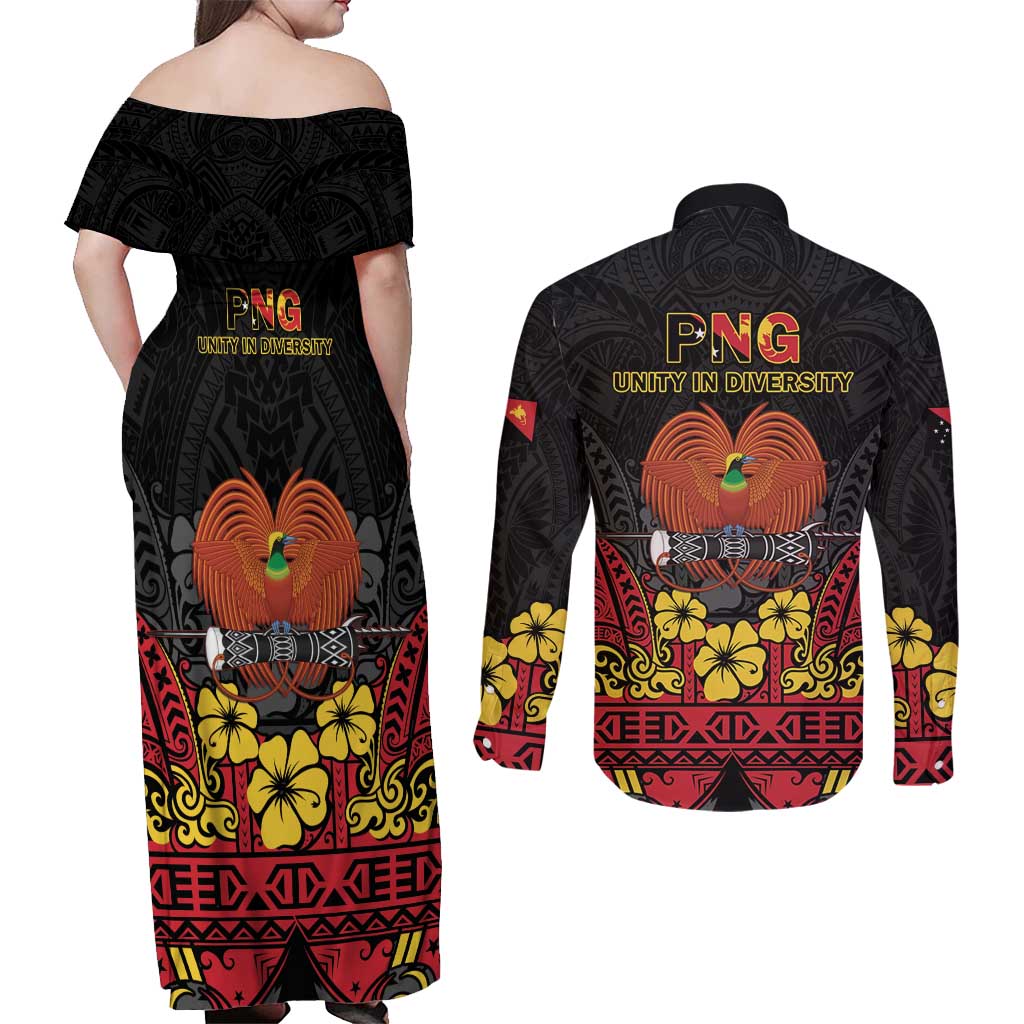 Papua New Guinea Independence Day Couples Matching Off Shoulder Maxi Dress and Long Sleeve Button Shirt PNG Bird of Paradise 50th Anniversary LT14 - Polynesian Pride