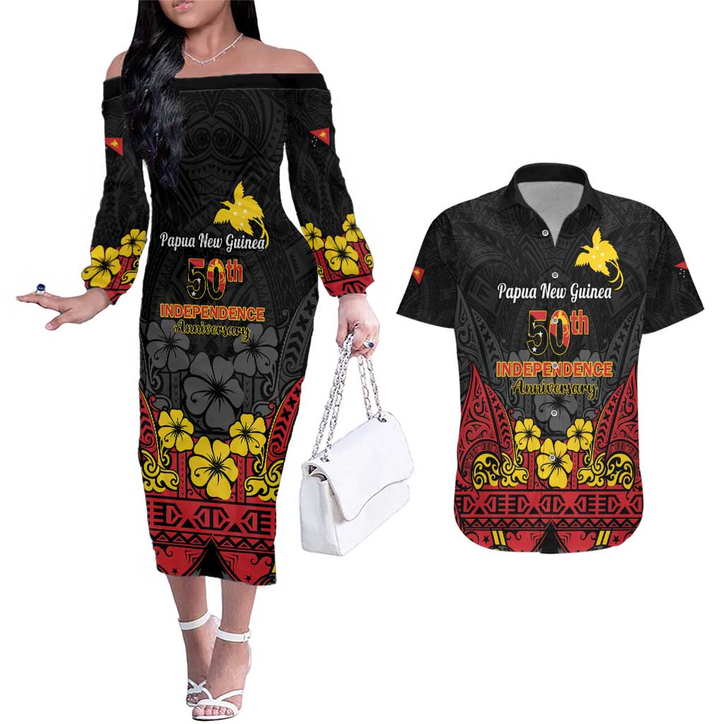 Papua New Guinea Independence Day Couples Matching Off The Shoulder Long Sleeve Dress and Hawaiian Shirt PNG Bird of Paradise 50th Anniversary LT14 Black - Polynesian Pride