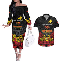 Papua New Guinea Independence Day Couples Matching Off The Shoulder Long Sleeve Dress and Hawaiian Shirt PNG Bird of Paradise 50th Anniversary LT14 Black - Polynesian Pride