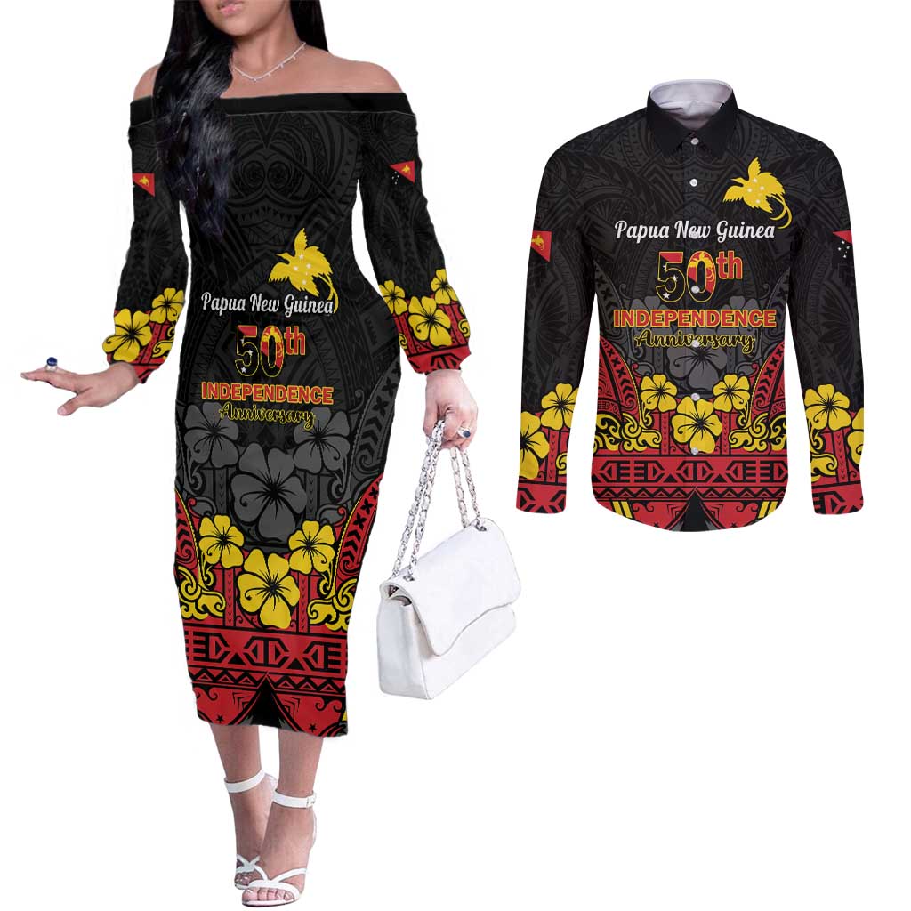 Papua New Guinea Independence Day Couples Matching Off The Shoulder Long Sleeve Dress and Long Sleeve Button Shirt PNG Bird of Paradise 50th Anniversary LT14 Black - Polynesian Pride