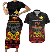 Papua New Guinea Independence Day Couples Matching Short Sleeve Bodycon Dress and Hawaiian Shirt PNG Bird of Paradise 50th Anniversary LT14 Black - Polynesian Pride