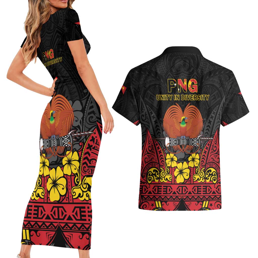 Papua New Guinea Independence Day Couples Matching Short Sleeve Bodycon Dress and Hawaiian Shirt PNG Bird of Paradise 50th Anniversary LT14 - Polynesian Pride