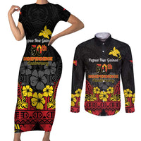 Papua New Guinea Independence Day Couples Matching Short Sleeve Bodycon Dress and Long Sleeve Button Shirt PNG Bird of Paradise 50th Anniversary LT14 Black - Polynesian Pride