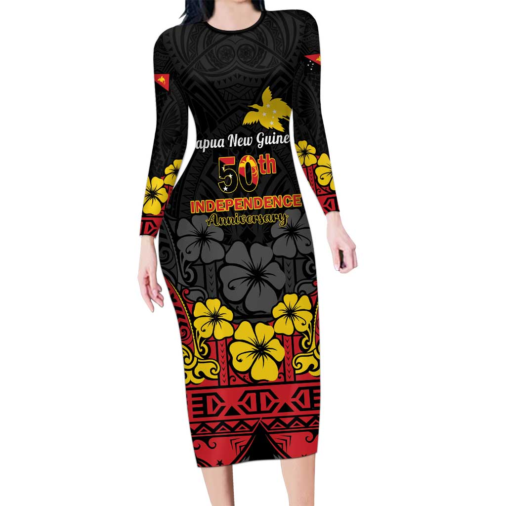 Papua New Guinea Independence Day Family Matching Long Sleeve Bodycon Dress and Hawaiian Shirt PNG Bird of Paradise 50th Anniversary LT14 Mom's Dress Black - Polynesian Pride