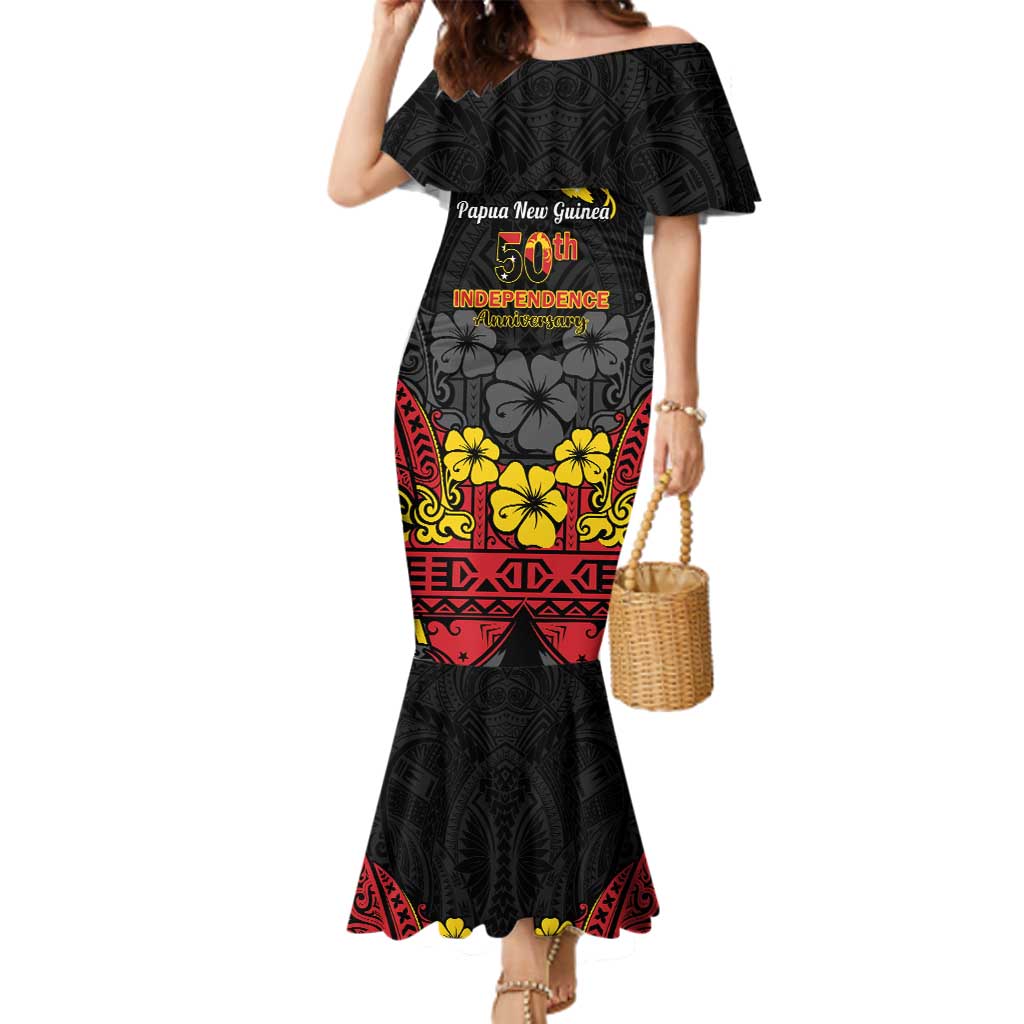 Papua New Guinea Independence Day Family Matching Mermaid Dress and Hawaiian Shirt PNG Bird of Paradise 50th Anniversary LT14 Mom's Dress Black - Polynesian Pride