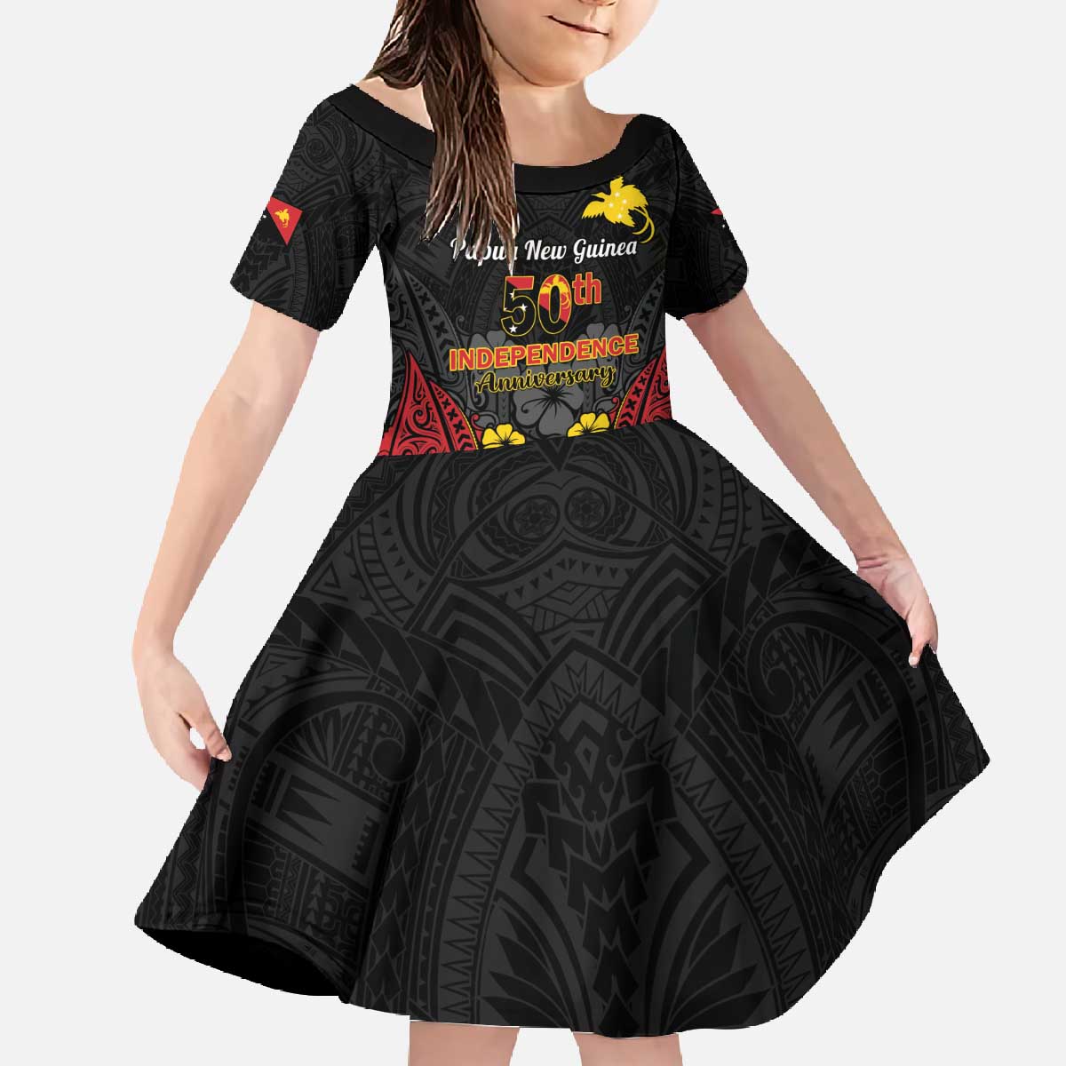 Papua New Guinea Independence Day Family Matching Off The Shoulder Long Sleeve Dress and Hawaiian Shirt PNG Bird of Paradise 50th Anniversary LT14 Daughter's Dress Black - Polynesian Pride