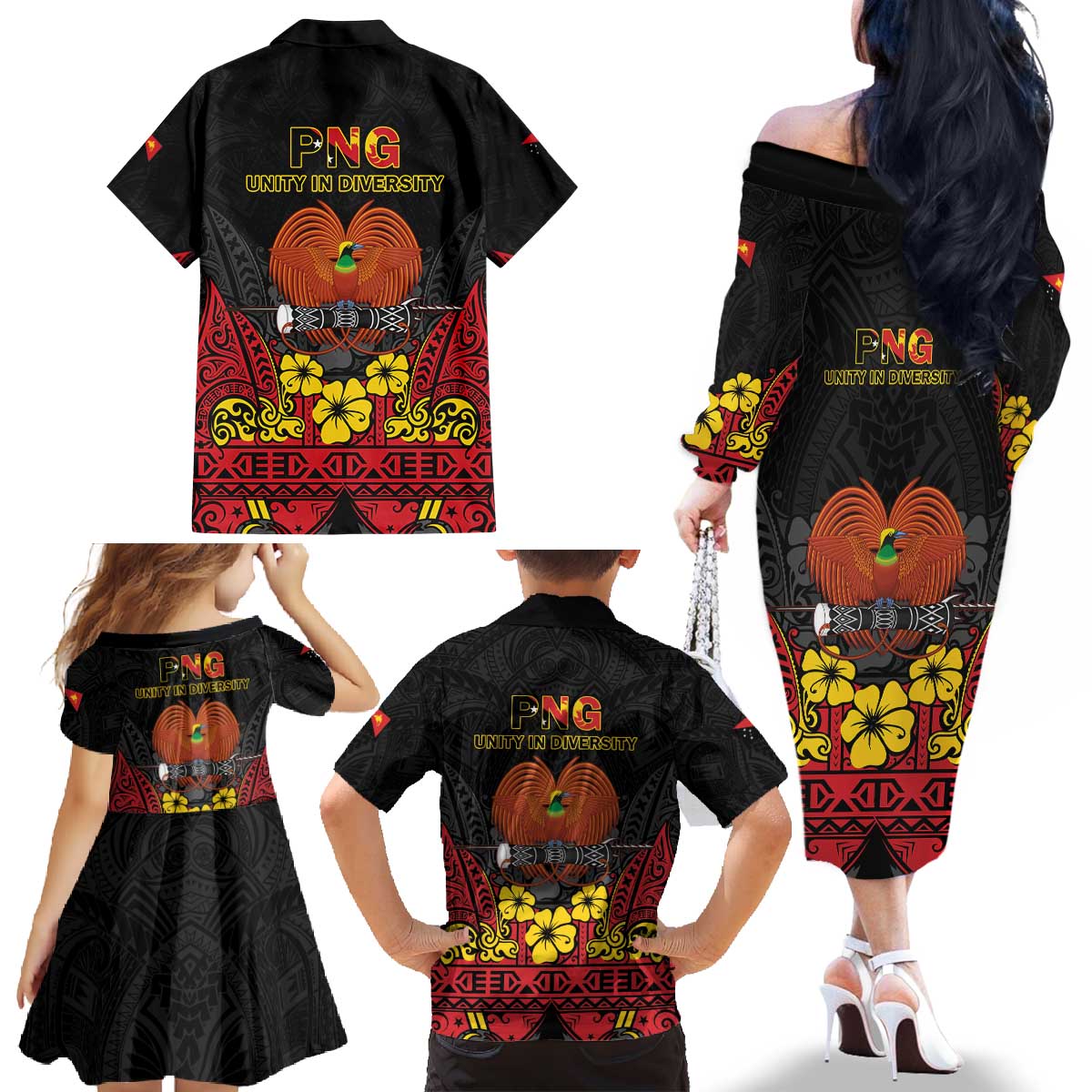 Papua New Guinea Independence Day Family Matching Off The Shoulder Long Sleeve Dress and Hawaiian Shirt PNG Bird of Paradise 50th Anniversary LT14 - Polynesian Pride