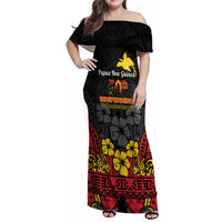 Papua New Guinea Independence Day Family Matching Off Shoulder Maxi Dress and Hawaiian Shirt PNG Bird of Paradise 50th Anniversary LT14 Mom's Dress Black - Polynesian Pride