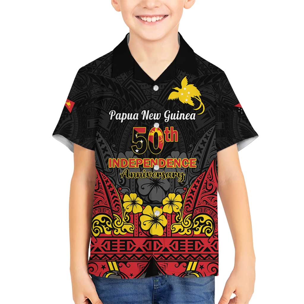 Papua New Guinea Independence Day Family Matching Off Shoulder Maxi Dress and Hawaiian Shirt PNG Bird of Paradise 50th Anniversary LT14 Son's Shirt Black - Polynesian Pride