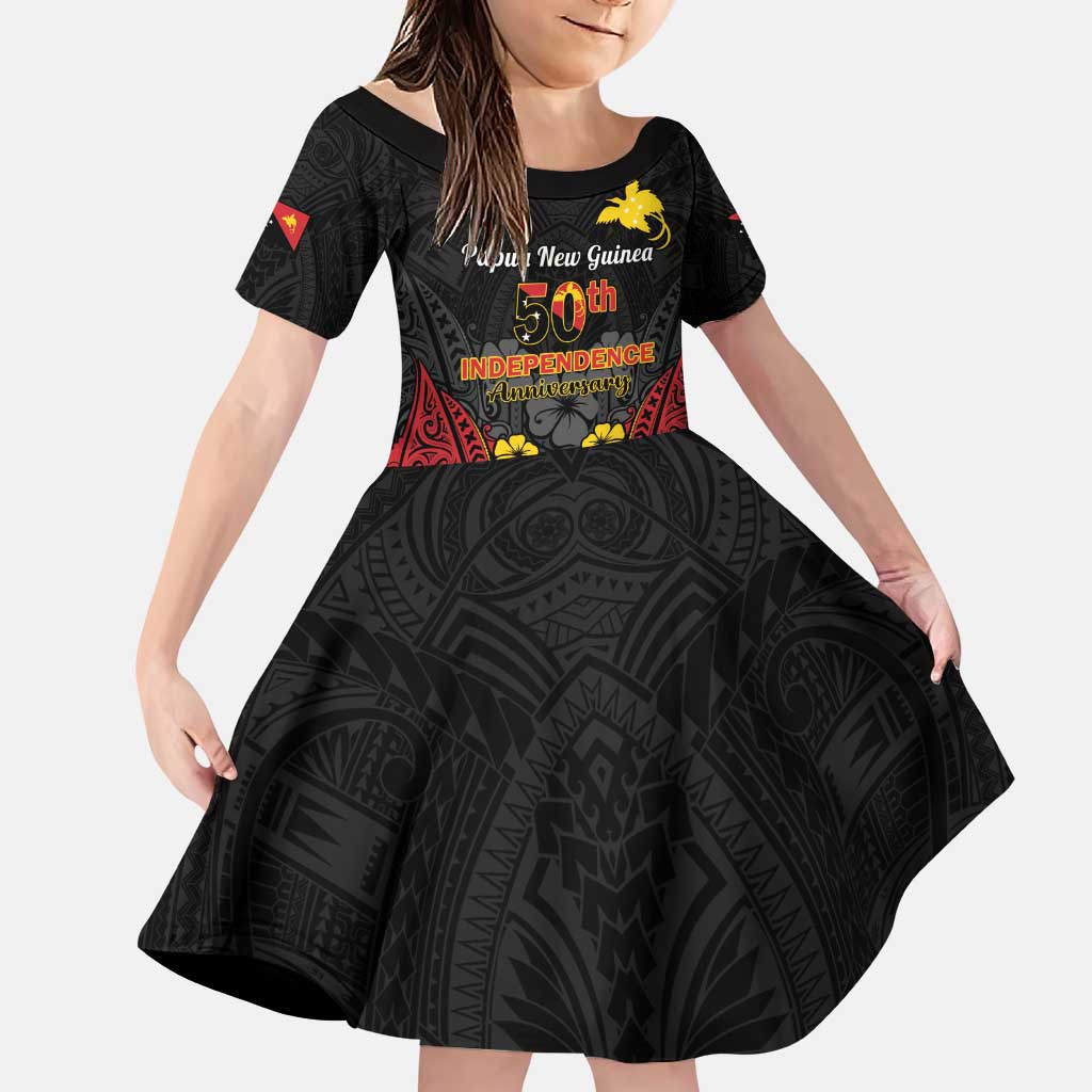 Papua New Guinea Independence Day Family Matching Puletasi and Hawaiian Shirt PNG Bird of Paradise 50th Anniversary LT14 Daughter's Dress Black - Polynesian Pride