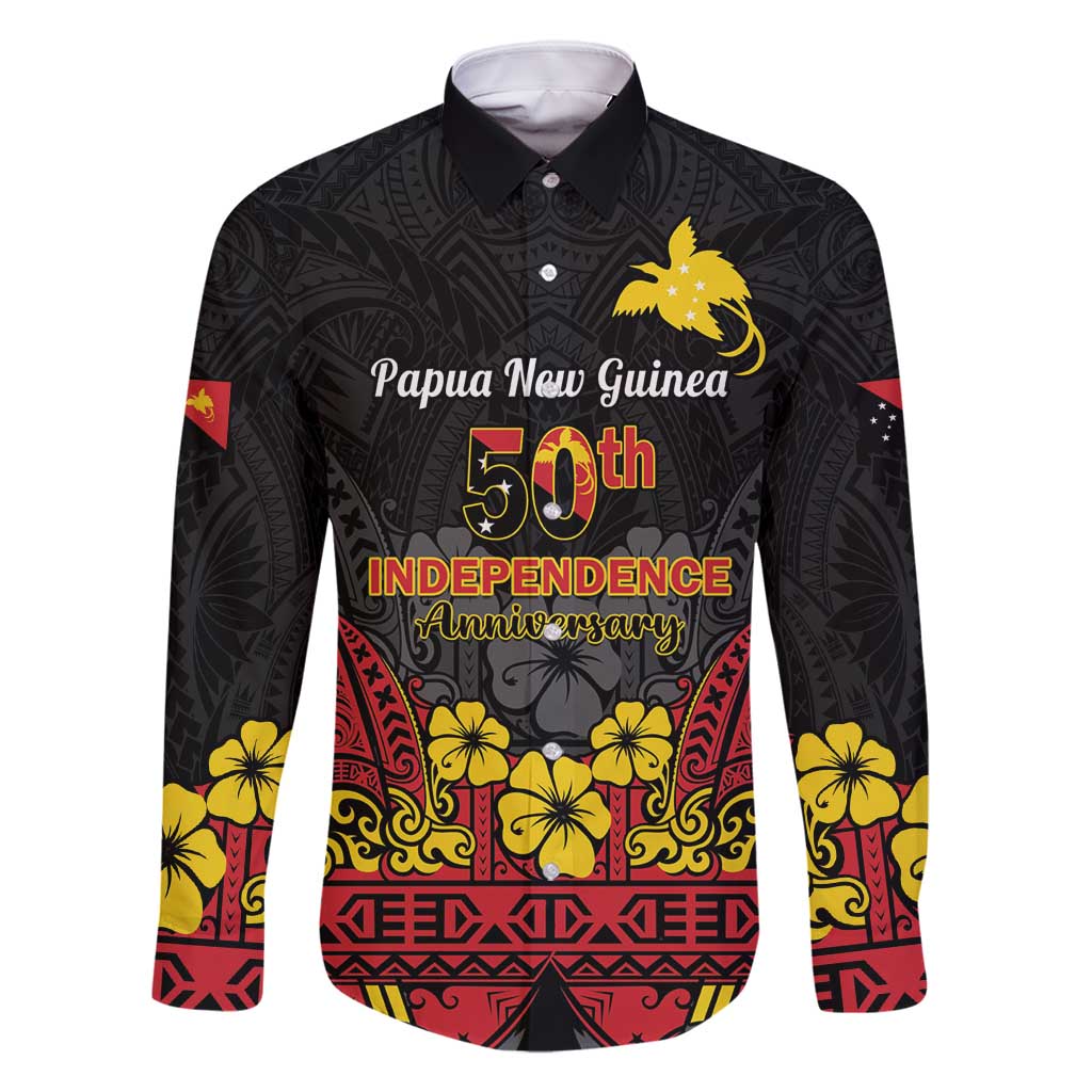 Papua New Guinea Independence Day Family Matching Summer Maxi Dress and Hawaiian Shirt PNG Bird of Paradise 50th Anniversary LT14 Dad's Shirt - Long Sleeve Black - Polynesian Pride