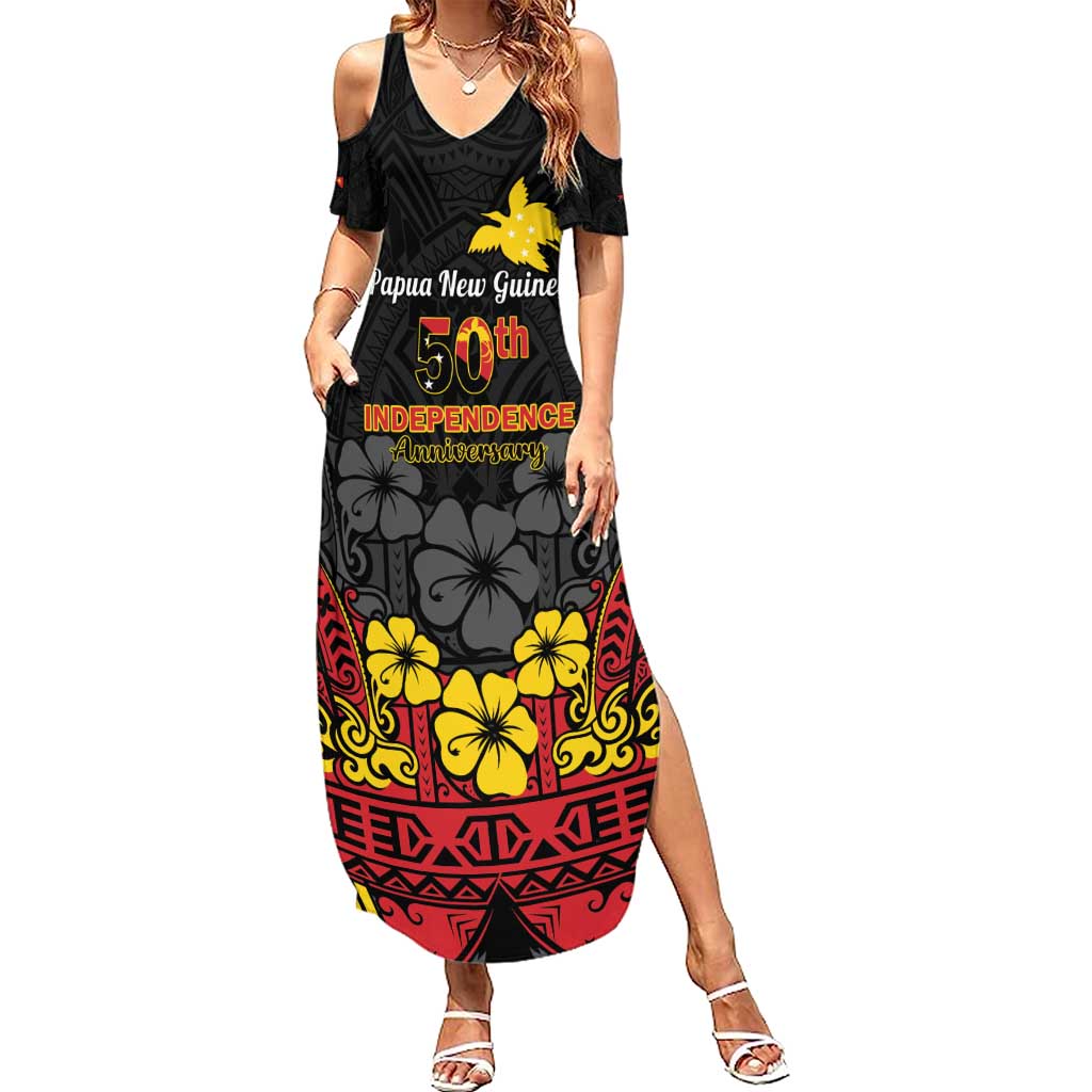 Papua New Guinea Independence Day Family Matching Summer Maxi Dress and Hawaiian Shirt PNG Bird of Paradise 50th Anniversary LT14 Mom's Dress Black - Polynesian Pride