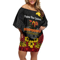 Papua New Guinea Independence Day Off Shoulder Short Dress PNG Bird of Paradise 50th Anniversary LT14 Women Black - Polynesian Pride