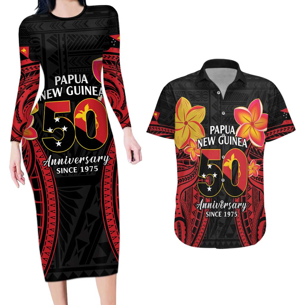 Papua New Guinea Independence Day Couples Matching Long Sleeve Bodycon Dress and Hawaiian Shirt PNG Since 1975 LT14 Black - Polynesian Pride