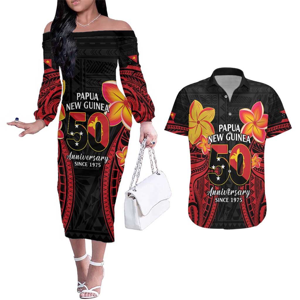 Papua New Guinea Independence Day Couples Matching Off The Shoulder Long Sleeve Dress and Hawaiian Shirt PNG Since 1975 LT14 Black - Polynesian Pride
