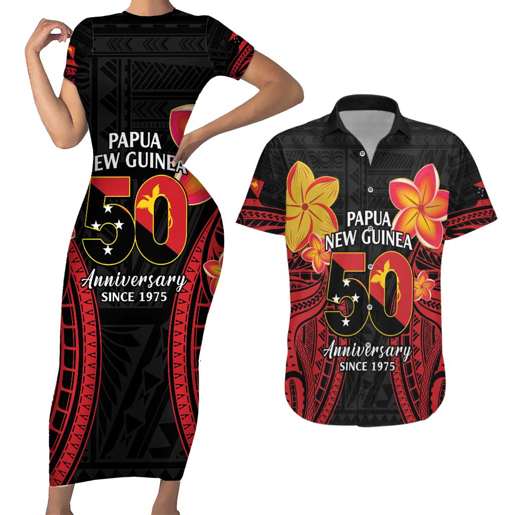 Papua New Guinea Independence Day Couples Matching Short Sleeve Bodycon Dress and Hawaiian Shirt PNG Since 1975 LT14 Black - Polynesian Pride