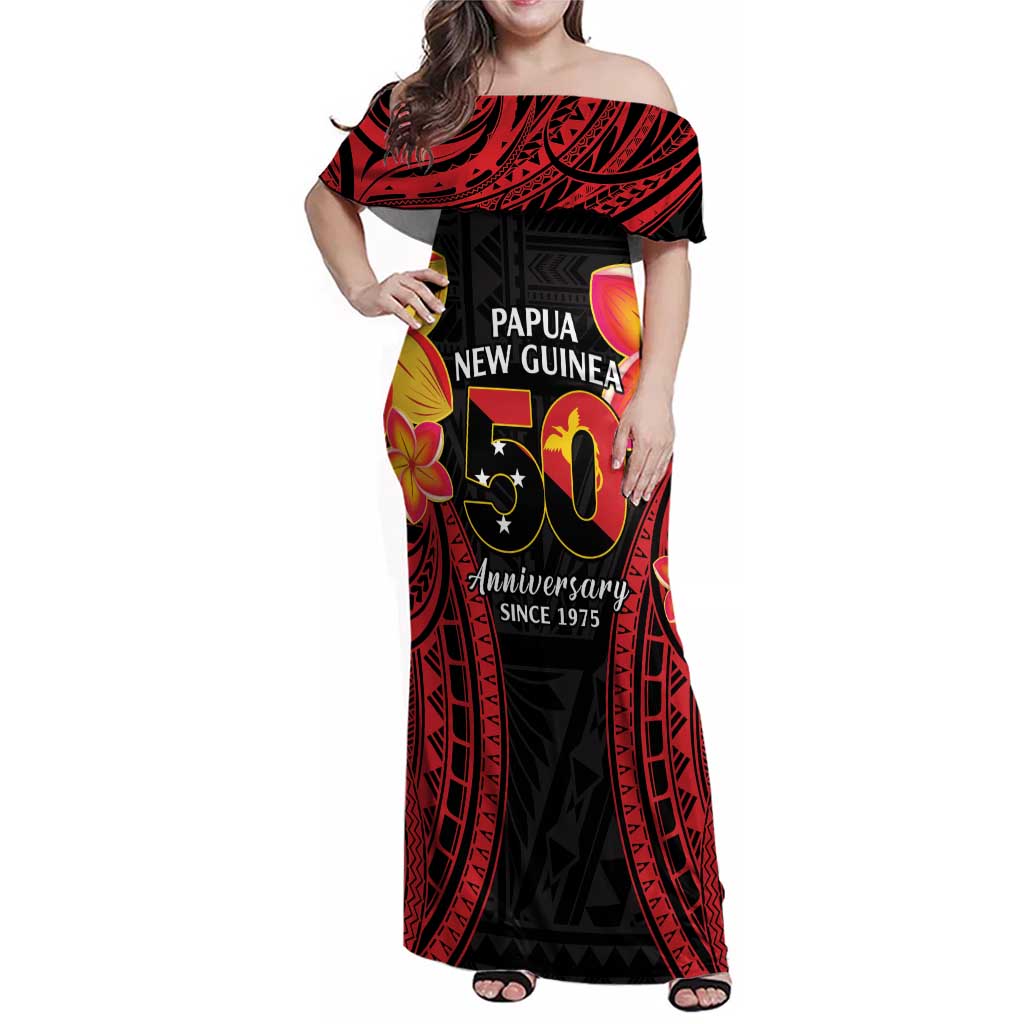 Papua New Guinea Independence Day Family Matching Off Shoulder Maxi Dress and Hawaiian Shirt PNG Since 1975 LT14 Mom's Dress Black - Polynesian Pride