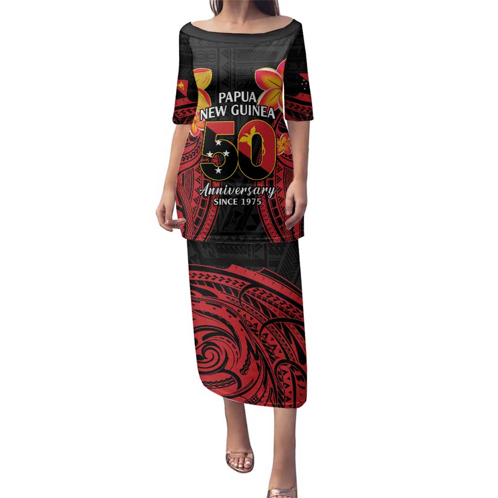 Papua New Guinea Independence Day Family Matching Puletasi and Hawaiian Shirt PNG Since 1975 LT14 Mom's Dress Black - Polynesian Pride