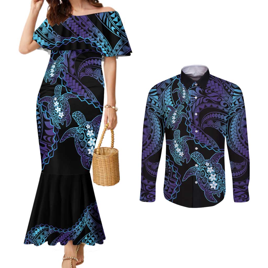 Polynesia Sea Turtle Day Couples Matching Mermaid Dress and Long Sleeve Button Shirt Tribal Honu Plumeria Polynesian Pattern