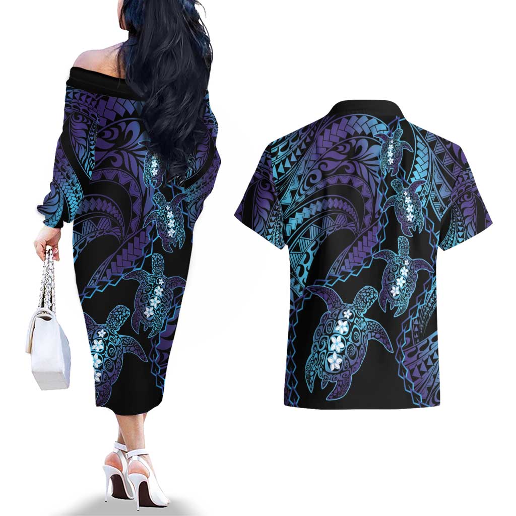 Polynesia Sea Turtle Day Couples Matching Off The Shoulder Long Sleeve Dress and Hawaiian Shirt Tribal Honu Plumeria Polynesian Pattern
