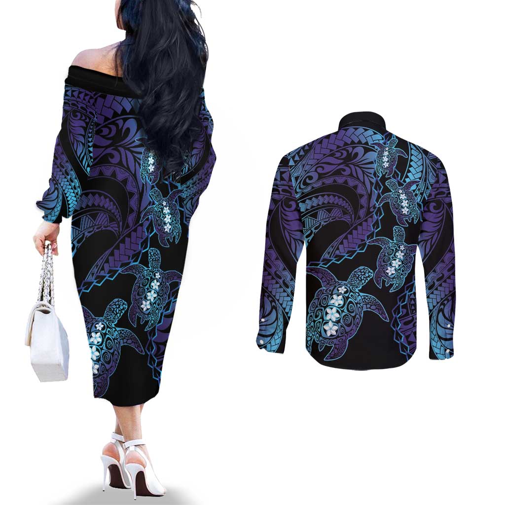 Polynesia Sea Turtle Day Couples Matching Off The Shoulder Long Sleeve Dress and Long Sleeve Button Shirt Tribal Honu Plumeria Polynesian Pattern