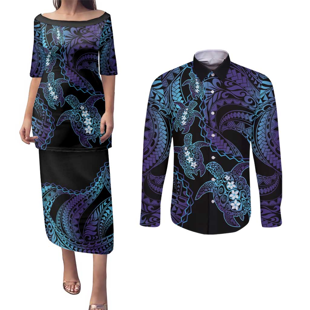 Polynesia Sea Turtle Day Couples Matching Puletasi and Long Sleeve Button Shirt Tribal Honu Plumeria Polynesian Pattern