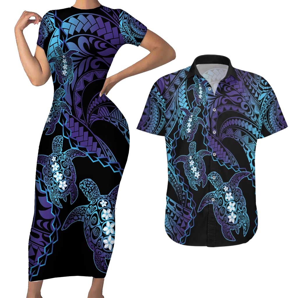 Polynesia Sea Turtle Day Couples Matching Short Sleeve Bodycon Dress and Hawaiian Shirt Tribal Honu Plumeria Polynesian Pattern