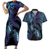 Polynesia Sea Turtle Day Couples Matching Short Sleeve Bodycon Dress and Hawaiian Shirt Tribal Honu Plumeria Polynesian Pattern