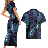 Polynesia Sea Turtle Day Couples Matching Short Sleeve Bodycon Dress and Hawaiian Shirt Tribal Honu Plumeria Polynesian Pattern