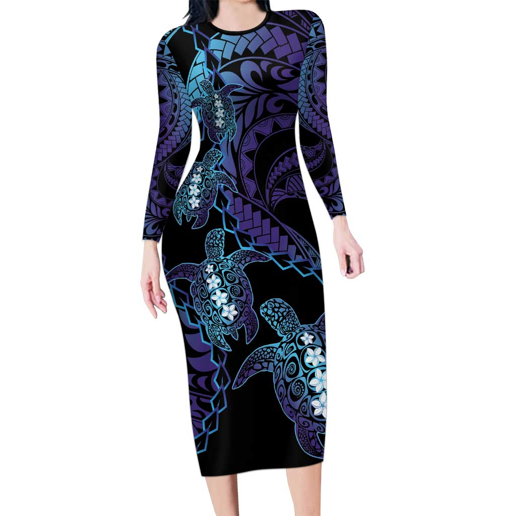 Polynesia Sea Turtle Day Family Matching Long Sleeve Bodycon Dress and Hawaiian Shirt Tribal Honu Plumeria Polynesian Pattern LT14 Mom's Dress Purple - Polynesian Pride
