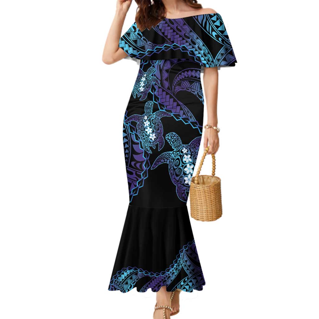 Polynesia Sea Turtle Day Family Matching Mermaid Dress and Hawaiian Shirt Tribal Honu Plumeria Polynesian Pattern LT14 Mom's Dress Purple - Polynesian Pride