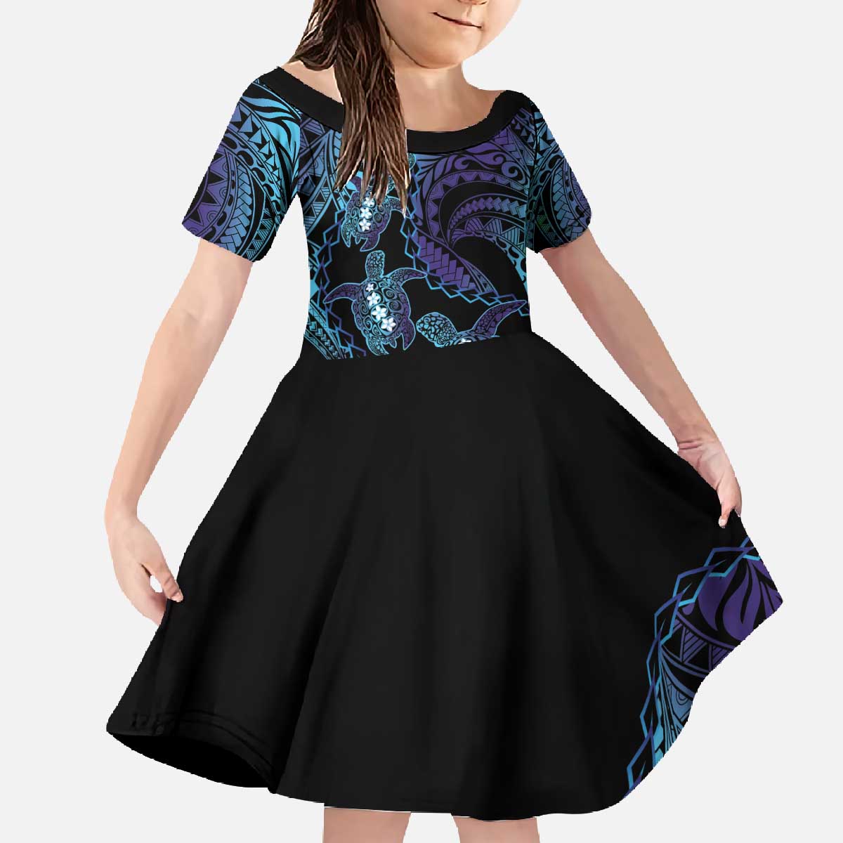 Polynesia Sea Turtle Day Family Matching Off The Shoulder Long Sleeve Dress and Hawaiian Shirt Tribal Honu Plumeria Polynesian Pattern LT14 Daughter's Dress Purple - Polynesian Pride