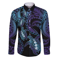 Polynesia Sea Turtle Day Family Matching Off The Shoulder Long Sleeve Dress and Hawaiian Shirt Tribal Honu Plumeria Polynesian Pattern LT14 Dad's Shirt - Long Sleeve Purple - Polynesian Pride