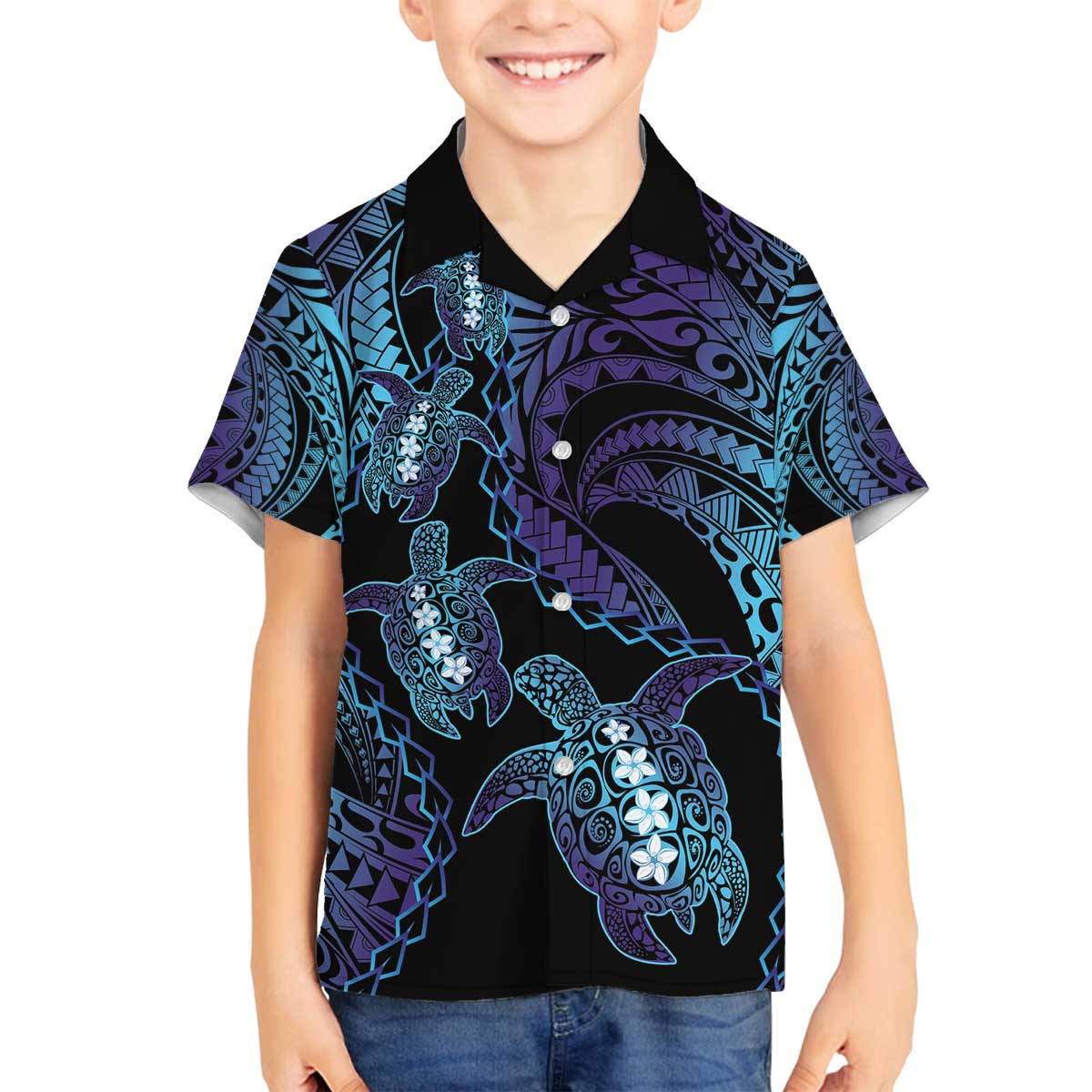 Polynesia Sea Turtle Day Family Matching Off The Shoulder Long Sleeve Dress and Hawaiian Shirt Tribal Honu Plumeria Polynesian Pattern LT14 Son's Shirt Purple - Polynesian Pride