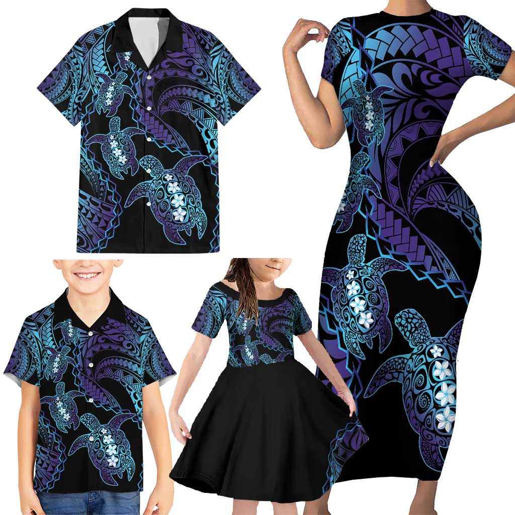 Polynesia Sea Turtle Day Family Matching Short Sleeve Bodycon Dress and Hawaiian Shirt Tribal Honu Plumeria Polynesian Pattern LT14 - Polynesian Pride