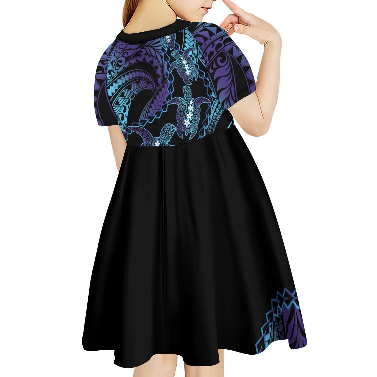 Polynesia Sea Turtle Day Kid Short Sleeve Dress Tribal Honu Plumeria Polynesian Pattern