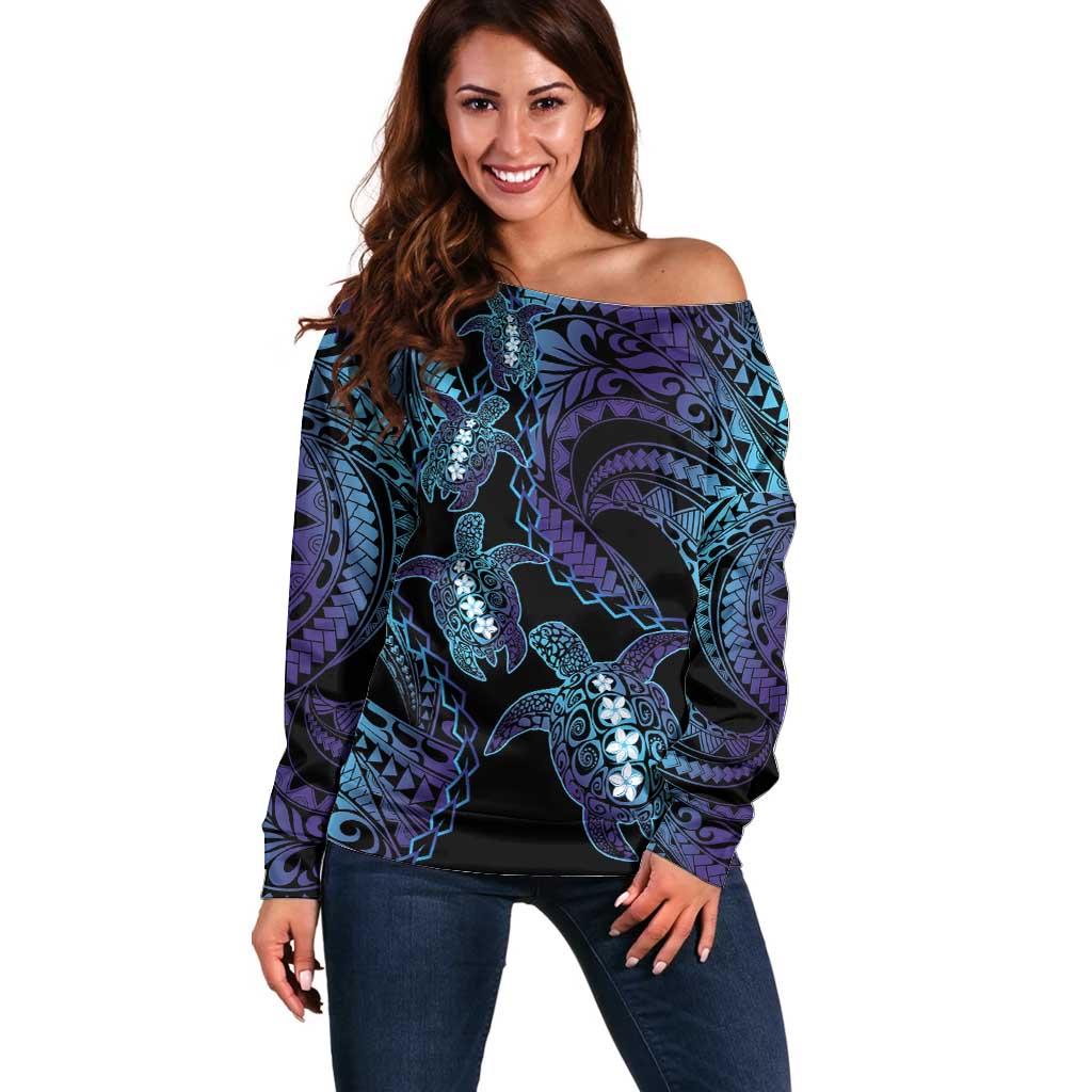 Polynesia Sea Turtle Day Off Shoulder Sweater Tribal Honu Plumeria Polynesian Pattern LT14 Women Purple - Polynesian Pride